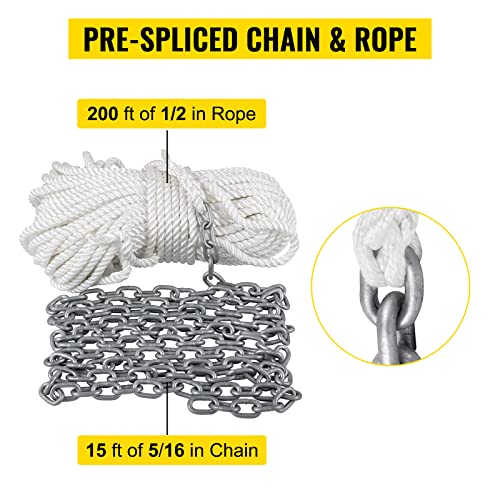 VEVOR Anchor Rode and Chain, 15' x 5/16" Boat Anchor Chain, 1/2" x 200' Nylon Rope, 2.2T Chain Tension Galvanized Steel Chain, Windlass-Grade Three Strand Twist Nylon, Anchor Chain for Boats, Ships