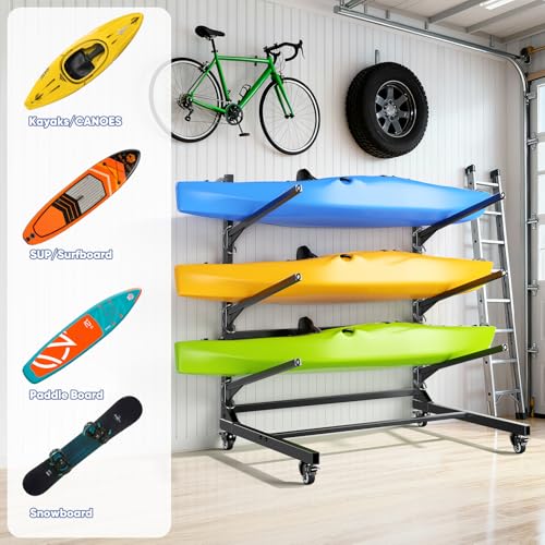 POKIPO Kayak Storage Rack,Heavy Duty Kayak Stand with Wheels 3 Layer Freestanding Wall Mount Rack Adjustable Kayak Rack fo...