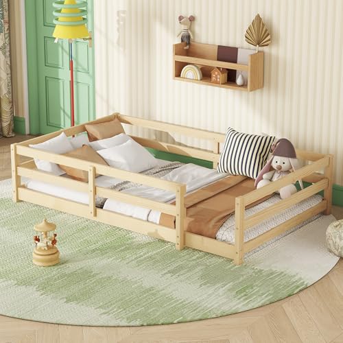 OYN Twin Floor Bed, Montessori Bed Frame with High Fence, Pine Wood Montessori Floor Bed for Kids, Girls, Boys, Natural