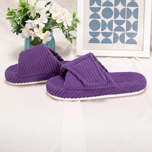 Women's House Slippers Cozy Adjustable Open Toe Memory Foam Corduroy Non-slip Bedroom Shoes for Indoor Outdoor