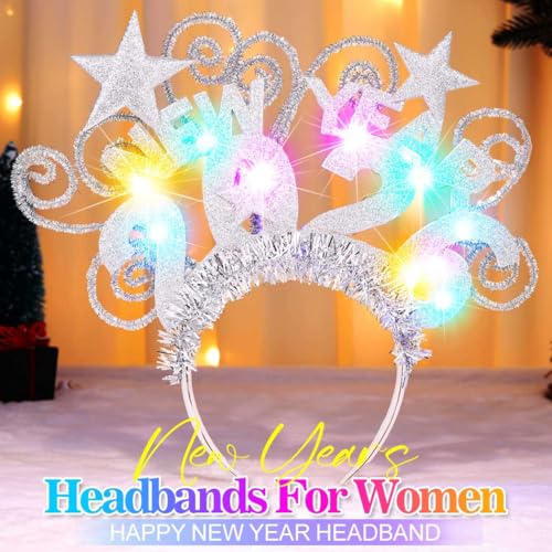 Fashey Light Up New Years Headband 2026 Headbands Happy New Year Accessories for Women (Silver, One size)