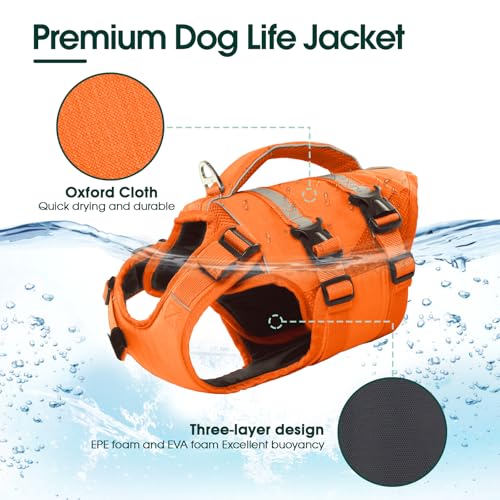 Kuoser Dog Life Jacket, High Flotation Dog Life Vest for Swimming Boating, Adjustable Ripstop Pet Lifesaver for Small Medi...