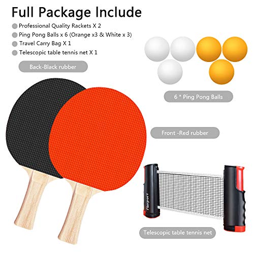 FBSPORT Ping Pong Paddle Set, Portable Table Tennis Set with Retractable Net,Rackets,Balls and Carry Bag for Indoor/Outdoo...