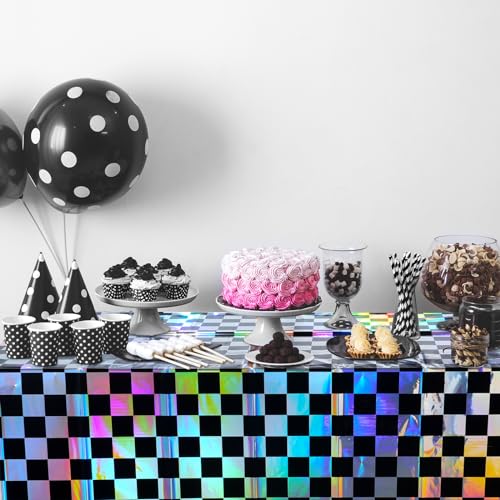 3Pack Black and Iridescent Checkered Plastic Tablecloth, Shiny Disposable Laser Rectangle Table Covers, Holographic Foil T...