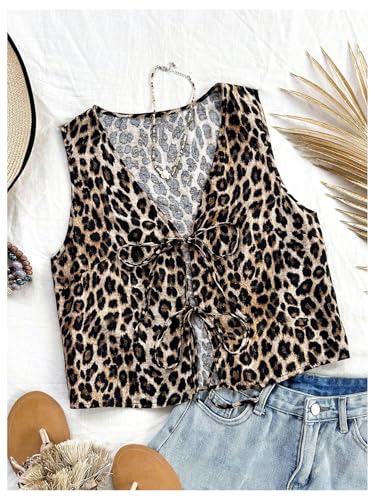 WDIRARA Women's Leopard Print Bow Tie Front Vest Sleeveless V Neck Crop Tank Top