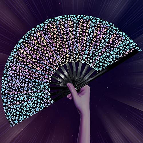 OMyTea Reflective Rave Hand Fan Foldable for Women/Men/Drag Queen - Large Clack Festival Folding Hand Fan - for EDM, Music...
