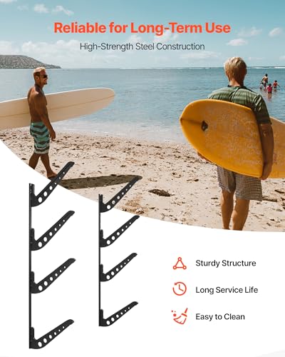 VEVOR Surfboard Wall Mount, 4 Tiers Horizontal Surfboard Rack for Storage and Display, Adjustable Height Metal Board Stand...