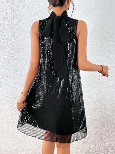 Floerns Women's Contrast Sequin Sleeveless Tank Dress High Neck Bow Shiny Party Dress