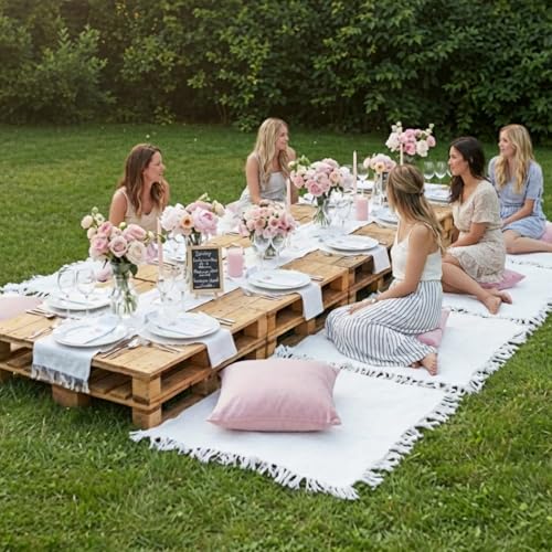 Hahafelt 8 Pcs Outdoor Picnic Blanket 35"x35" Boho Blanket Woven Cotton Yarn Portable Mat Plaid with Fringe Washable for P...