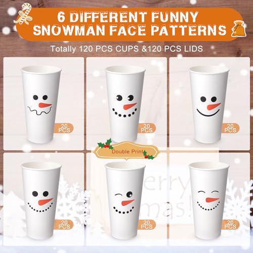 Sliner 120 Pcs Christmas Snowman Disposable Paper Coffee Tea Cups with Lids Winter Wonderland Xmas Cocoa Cups for Juice Ho...