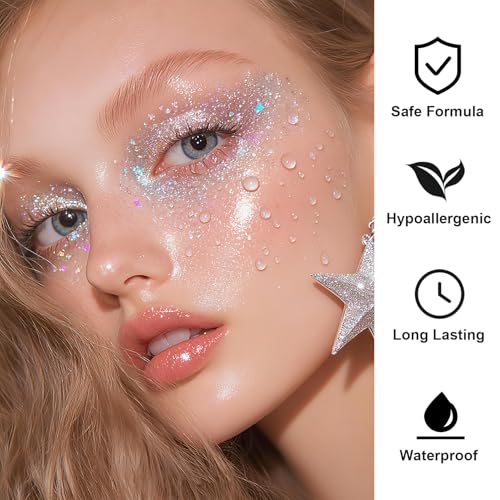 Face Body Glitter Set for Women and Kids, White Silver Pink Holographic Mermaid Sequins Chunky Glitter Makeup for Festival...