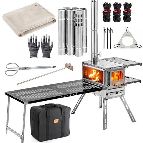 Wood Burning Stove Hot Tent Stove, Stainless Steel Portable Camping Stove with Oven & Camping Table and 6 Chimney Pipe for...