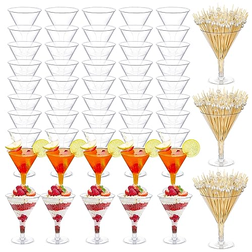 KesaPlan 50 Pack Plastic Martini Glasses Disposable Cocktail Glasses 6.5 oz with Cocktail sticks, Ice Cream Dessert Cups f...