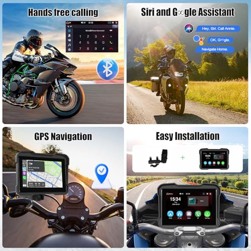 Motorcycle GPS Navigation System with Wireless Carplay Android Auto 5" Moto CarPlay Screen with Dual Bluetooth, Navigatio...