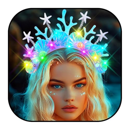 JAKAWIN Light Up Mermaid Costume Headband Starfish Ocean Hair Accessories Shell Led Headpiece for Women