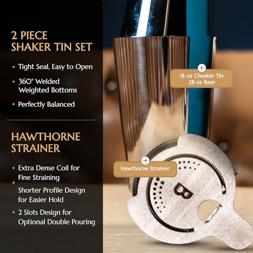 5 Piece Cocktail Kit by Bull In China - Premium Bartender Gift Set Includes Weighted 2 Piece Boston Shaker, Hammered Bell ...
