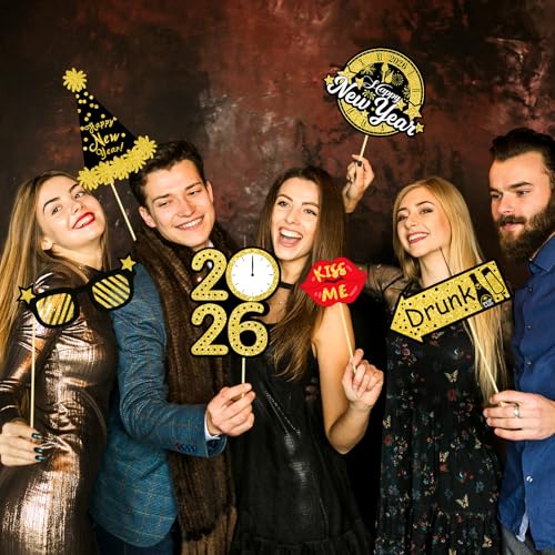 42Pcs New Years Eve Photo Booth Props 2026 New Year Photo Booth Props 2026 Nye for Happy New Year 2026 Party Decorations