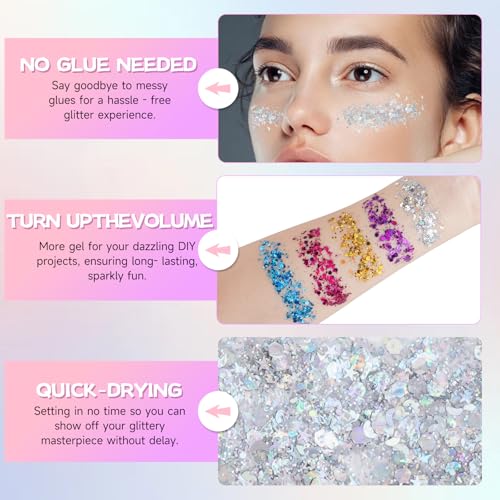Silver Face Body Glitter Gel,Chunky Hair Glitter for Singer Concerts Silver Face Paint, Makeup Festival Rave Accessories f...