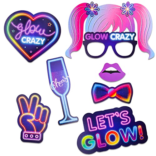Qpout 25 Pieces Glow Party Photo Props, Neon Party Photo Booth Props, Fluorescent Selfie Props, Glow in The Dark Party Pho...