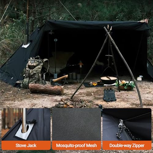 Hot Tent for 1-2 Person, PU3000mm Waterproof, Aluminum Poles for Winter Camping with Stove Jack (Fire-Resistant), Ventilat...