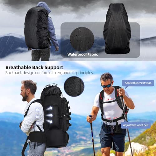 LibSkyln 70L/100L Camping Hiking Backpack with Rain Cover, Expandable Large Military Tactical Backpack, Waterproof Molle R...