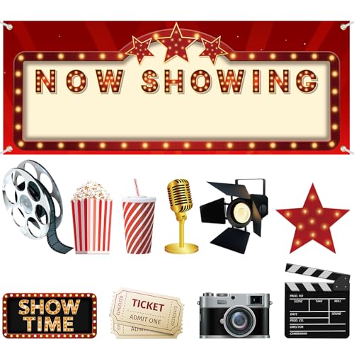 Tallew 12 Pieces Movie Night Party Decorations Now Showing Banner Red Carpet Backdrop Double Sided Printing Red Carpet Cut...