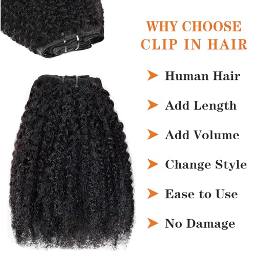 Afro Kinky Curly Clip in Hair Extensions Human Hair 4C Hair Clip in Extensions 8pcs 120g/set 10A Brazilian Virgin Natural Hair Clip Ins for Black Women Natural Black Color 24 Inch