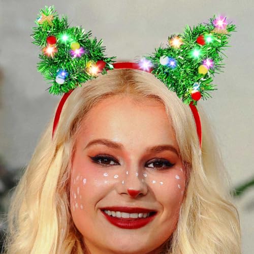 Fdesigner Light Up Christams Headband Green Xmas Hairbands Tinsel Cat Ear Headpiece LED Star Head Bands Holiday Glowing He...