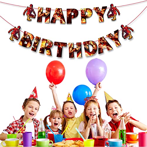 "Flsh Happy Birthday Banner – Superhero Theme Party Decoration for Boys and Girls – Vibrant Lightning Bolt Design Hanging ...