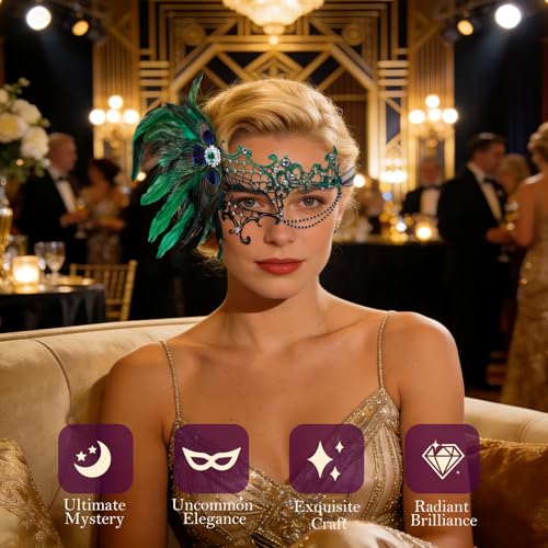 BEARAE Masquerade Mask for Women, Feather Lace Mardi Gras Mask, Peacock Venetian Costume Masks for Womens Masquerade Party