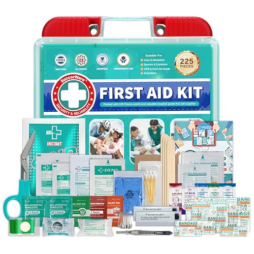 SuccorWare 225 Pieces First Aid Kit, Includes Ice Pack, Adhesive Bandages, Wound Gauze Pads, Portable First Aid Bag for Ho...
