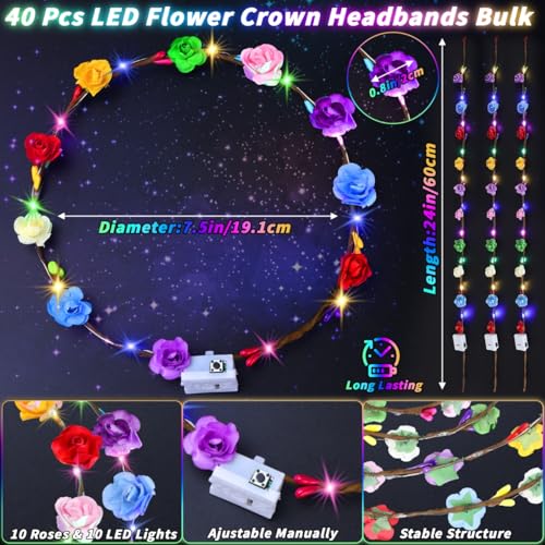 UZLU 80 Pcs LED Flower Crown Headband Glow Floral Wreath Crown for Women Light Up Flower Headband Glow in the Dark Hair Ac...
