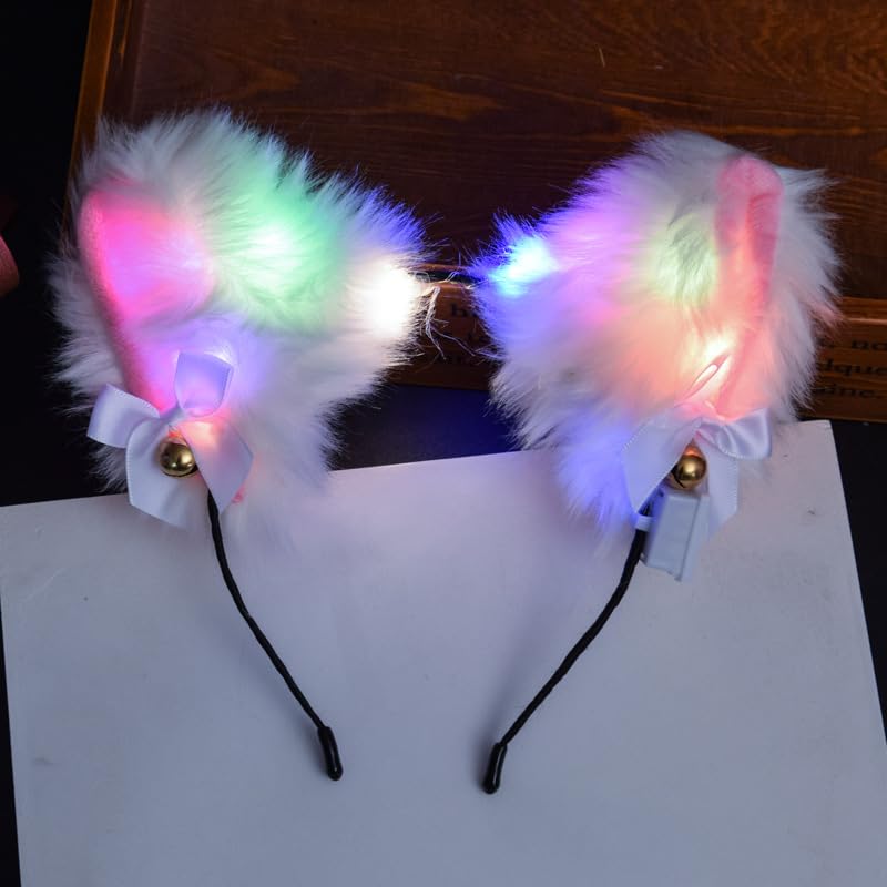 YOVECATHOU Light Up Headband Cat Ears With Bell Furry Headband Rave Accessories For Women Girls Valentine's Day Party Costume
