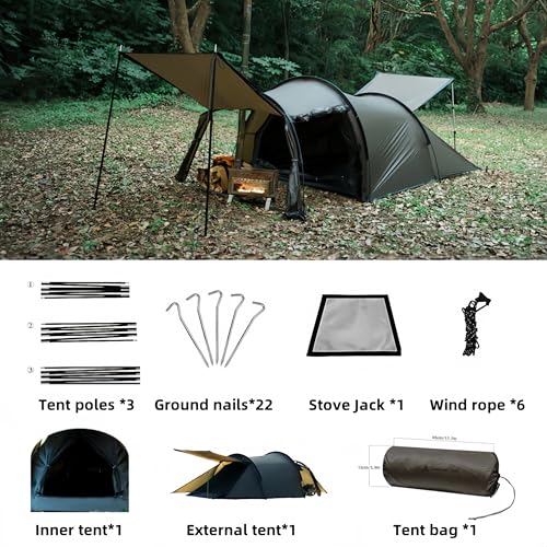 Hot Tent with Stove Jack – 4 Season Waterproof & Windproof Shelter for 1–4 People, Lightweight for Camping, Hiking, Huntin...