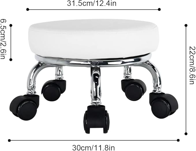 WKWKER Modern Roller Seat PU Leather Low Round Rolling Stool 360° Swivel Small Seat with Universal Wheels Foot Stool for Home Office Garage Shop Fitness Sport H：8.6" （White）