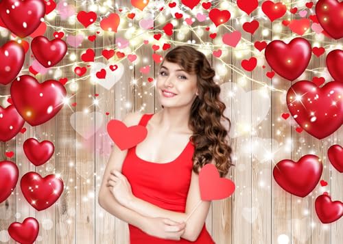 Dudaacvt 7x5ft Valentine's Day Backdrop Rustic Wood Red Love Heart Background for Mother's Day Wedding Bridal Shower Party...
