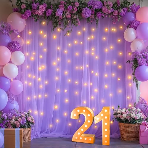 5x8ft (2 pieces) Lavender Tulle Backdrop Curtains with Lights for Party Wedding Baby Shower, Sheer Drape Backdrop Curtains...