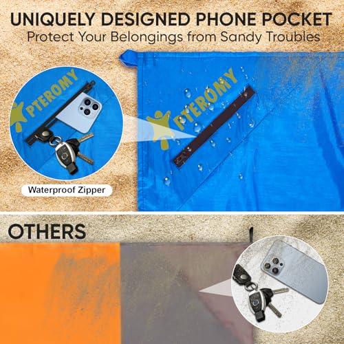 PTEROMY Beach Blanket Waterproof Sandproof, 84" X 84"Extra Large Beach Mat with Storage Bag, Quick Drying Lightweight, 6 S...