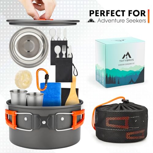 THTYBROS 17pcs Camping Cookware Kit, 0.45Gal Pot, 7inches Pan,0.30Gal Kettle Set with 2 Set Stainless Steel Cups Plates Fo...