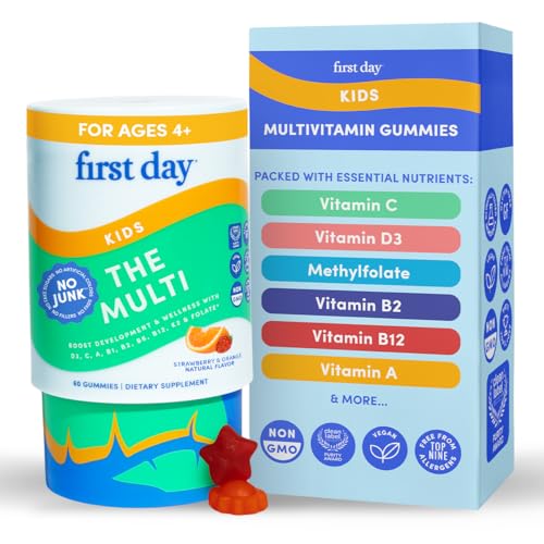 First Day Kids Multivitamin Gummies Age 4+, Strawberry & Orange - Kids Vitamins Multivitamin Gummy A C D3 K2 B1 B2 B6 B12 ...