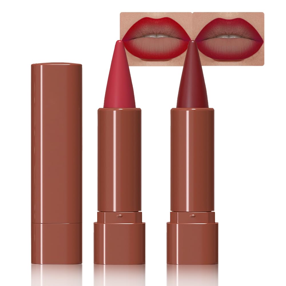 BINGBRUSH 2-in-1 Gradient Lip Liner & Lipstick Combo,2Pcs Matte Longwear Waterproof Lip Pencil with Cone Tip,Smudge Proof Crayon