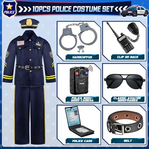 Police Officer Costume for Kids, Cop Costume Outfit Set with Toy Accessories, Halloween Costumes for Boys