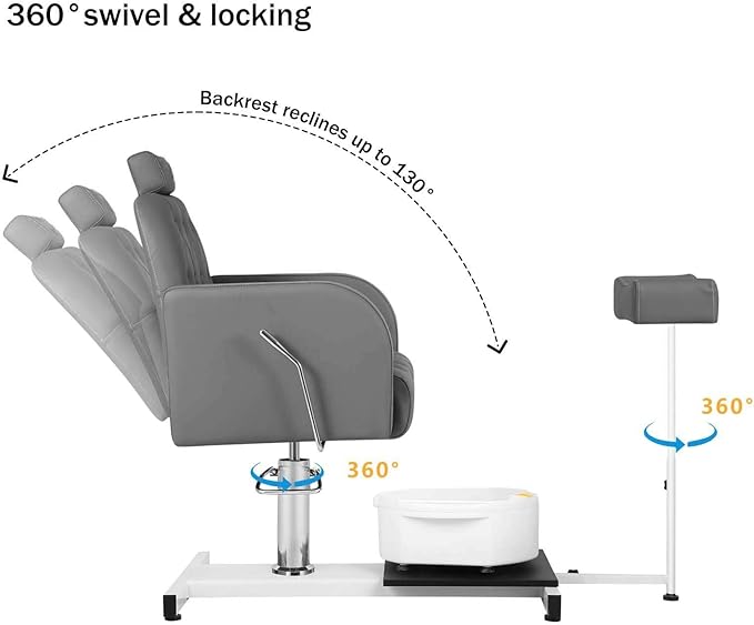 Pedicure Chair with Massage Foot Bath for Nail Tech and Foot Bath, Pedicure Chair 360 ° Rotation Height Adjustable Pedicure Unit Station (450graykou)