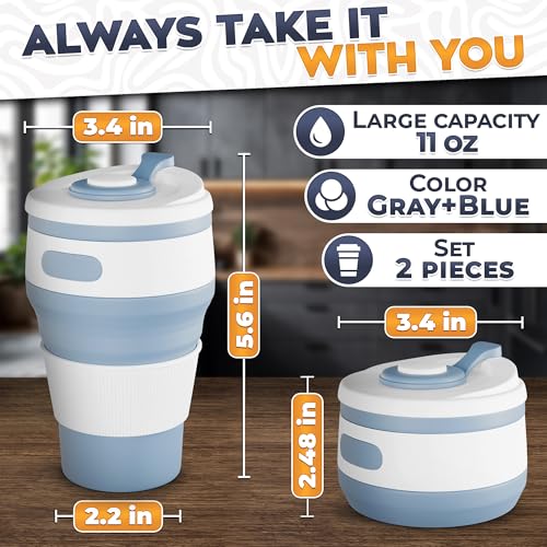 2-Pack Сollapsible Cups for Traveling Reusable – 12oz Leakproof Coffee Travel Mug, Silicone, Foldable & Portable for Hikin...