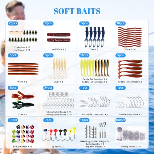 FONMANG 322-Piece Fishing Lures Kit - Buzz Bait/Spinner Baits/Jig/Frog, Fishing Tackle Box with Tackle Included, Soft Bai...