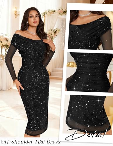 BeryLove Womens Sparkly Off Shoulder Formal Wedding Guest 2026 Cocktail Mesh Sequin Dress