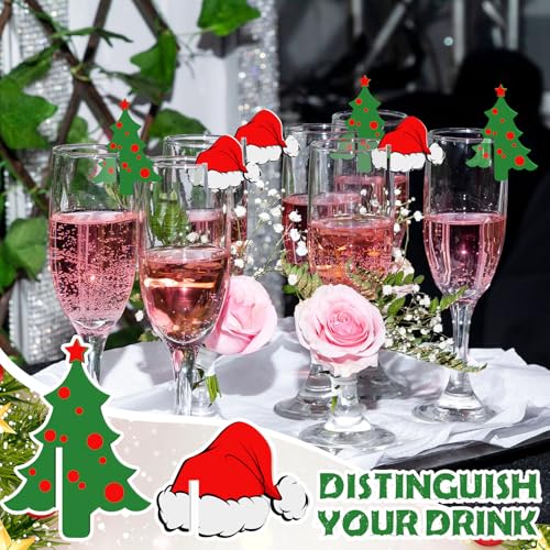 Colingmill 50 Pcs Christmas Tree Santa Hat Drink Markers Christmas Drink Garnish Acrylic Reusable Wine Glass Charms for Xm...