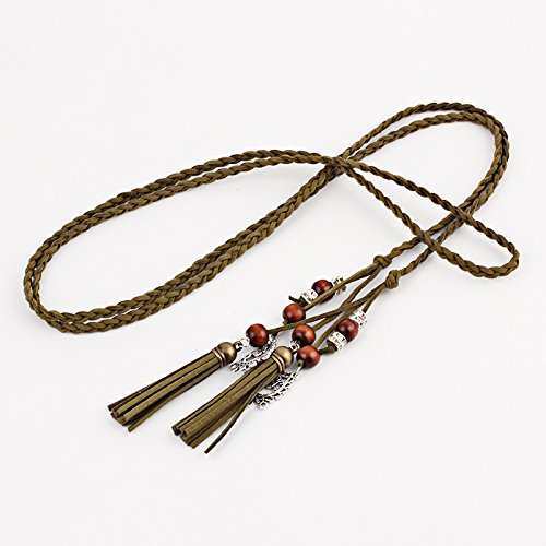 Hedyzone Women's Waist Belts Woven Tassels Chain Belt Skinny Rope Belt for Skirt Dress Boho Style Green