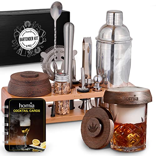 Bartender Kit with Whiskey Smoker - 13 pcs, Bamboo Stand - Bar Set with Cocktail Shaker, Bartending Kit with Essential Bar...