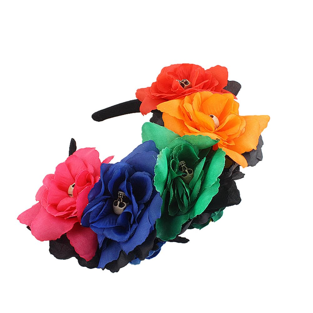 Lofruiin Women's Bohemian Rose Flower Crown Mexican Day of The Dead Headband Halloween Party Costume Headpiece (A- Colorful 2, F